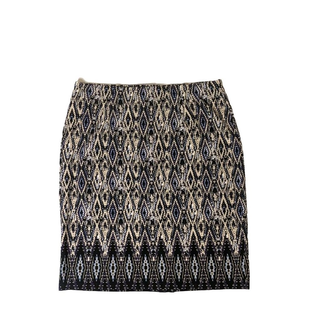J Jill Stretch Knit Pencil Skirt Black Diamond Border Print Woman’s XS